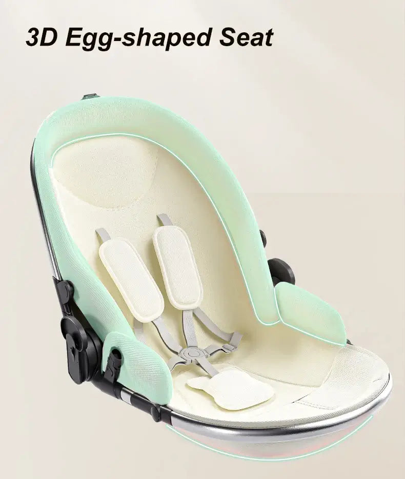 3D egg-shaped baby seat featuring soft padding and safety straps, designed for comfort and support.