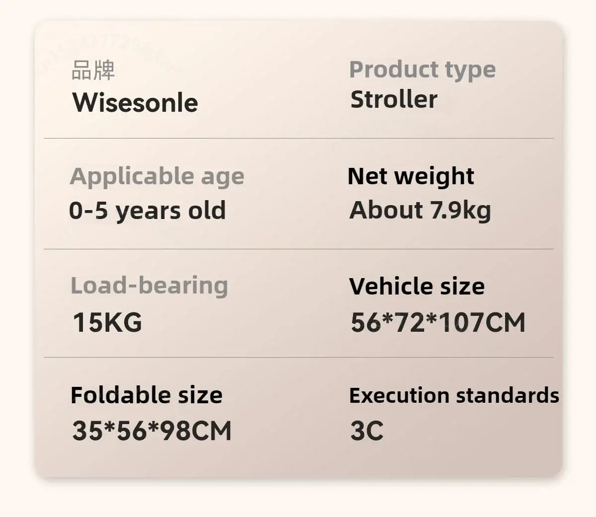 Wisessole lightweight stroller specifications for children aged 0-5 years, foldable, 15kg load-bearing.