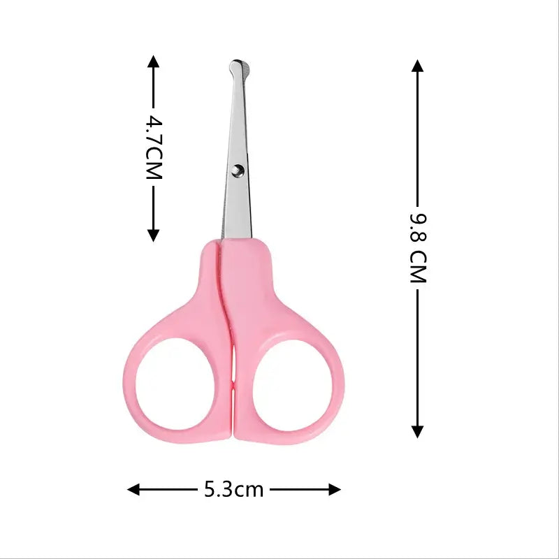 Pink baby nail scissors with rounded tips, measuring 4.7cm x 5.3cm, designed for safe baby grooming.