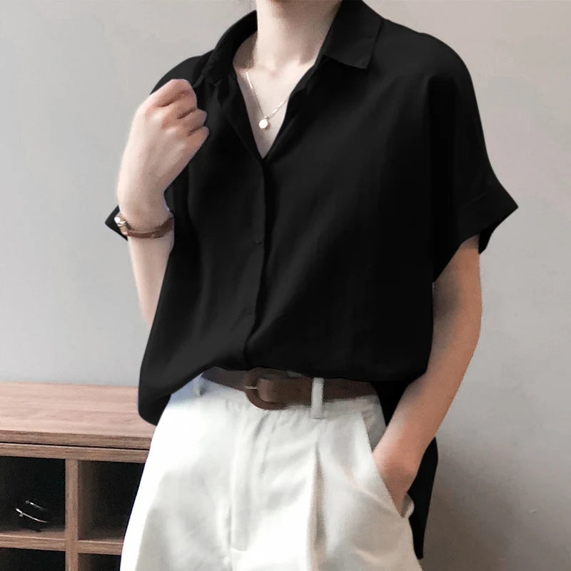 ZanzeaEase™ oversized summer blouse in black, button-down, breathable fabric, relaxed fit for women.