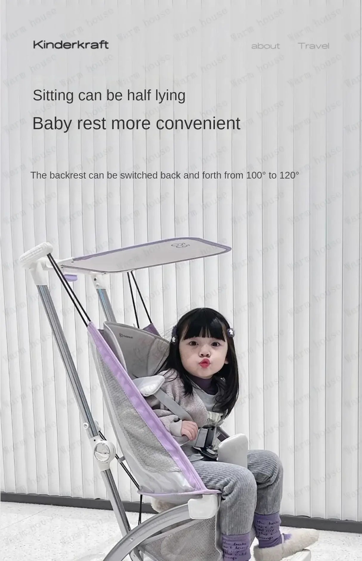 Girl seated in Kinderkraft stroller with adjustable backrest, demonstrating convenience for travel.