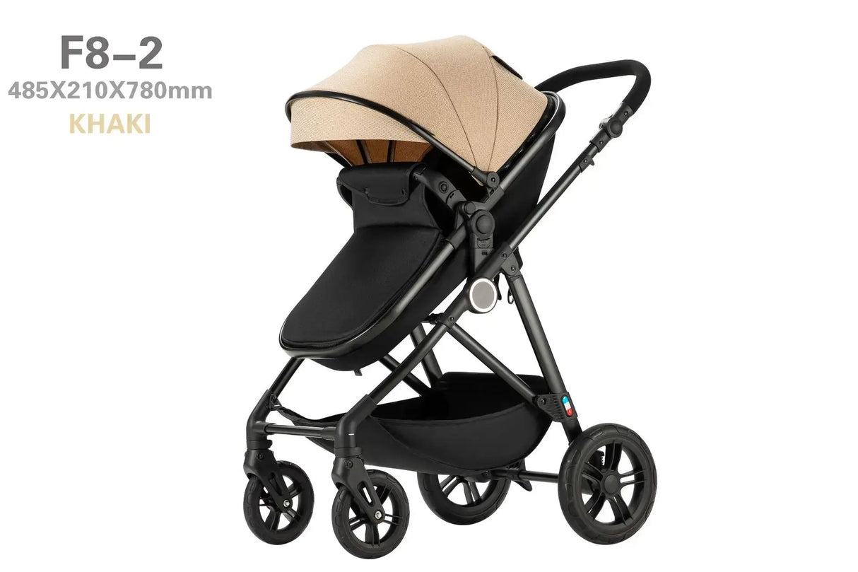 High-view four-wheel baby stroller in khaki, suitable for infants and toddlers, foldable design, model F8-2.