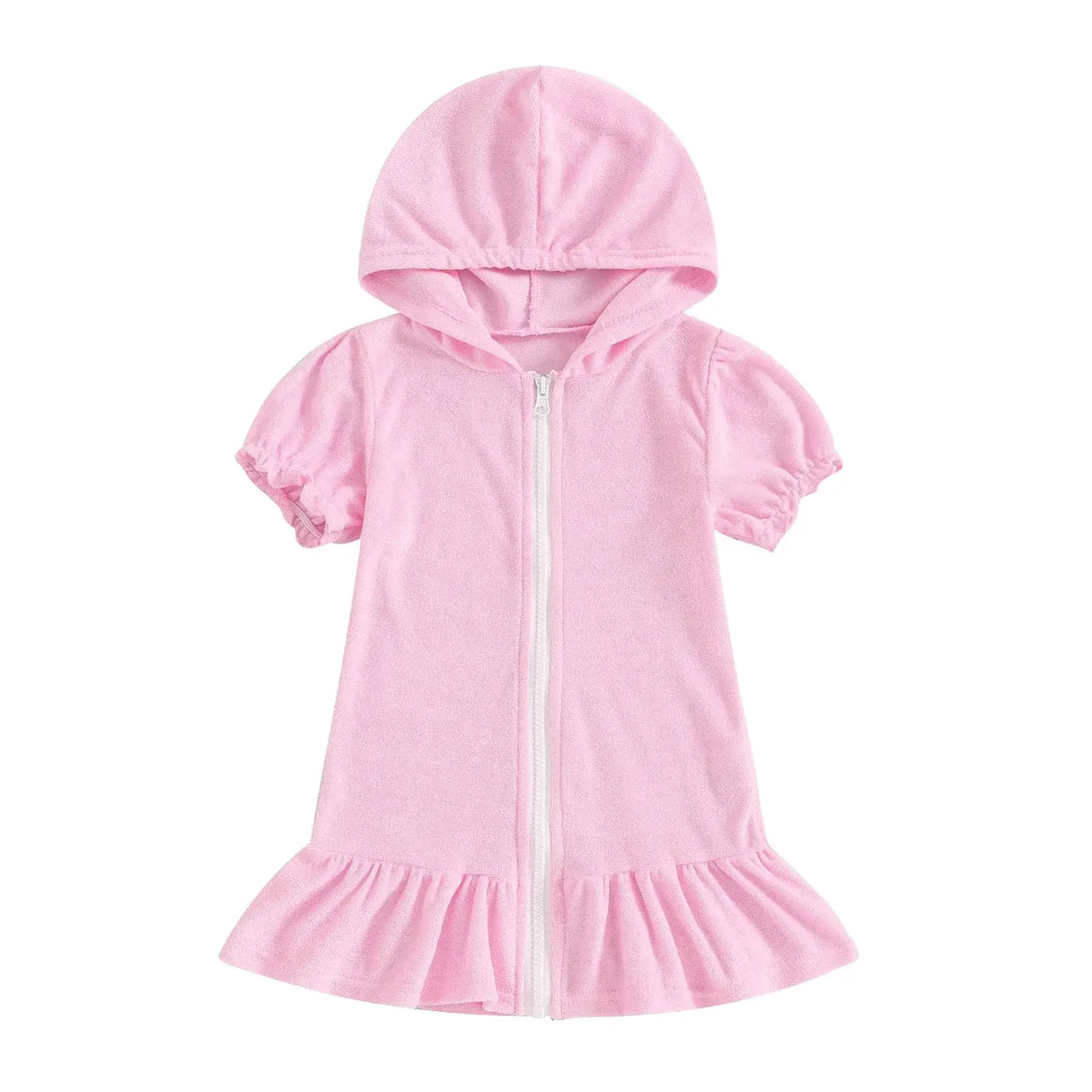 Toddler girls short sleeve pink hooded dress with zipper and ruffled hem, perfect for ages 1-3 years.