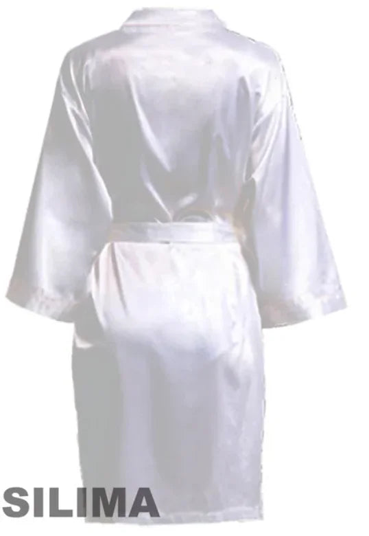 Back view of a silky, knee-length women's satin robe with a belt, ideal for bridesmaids or casual wear.