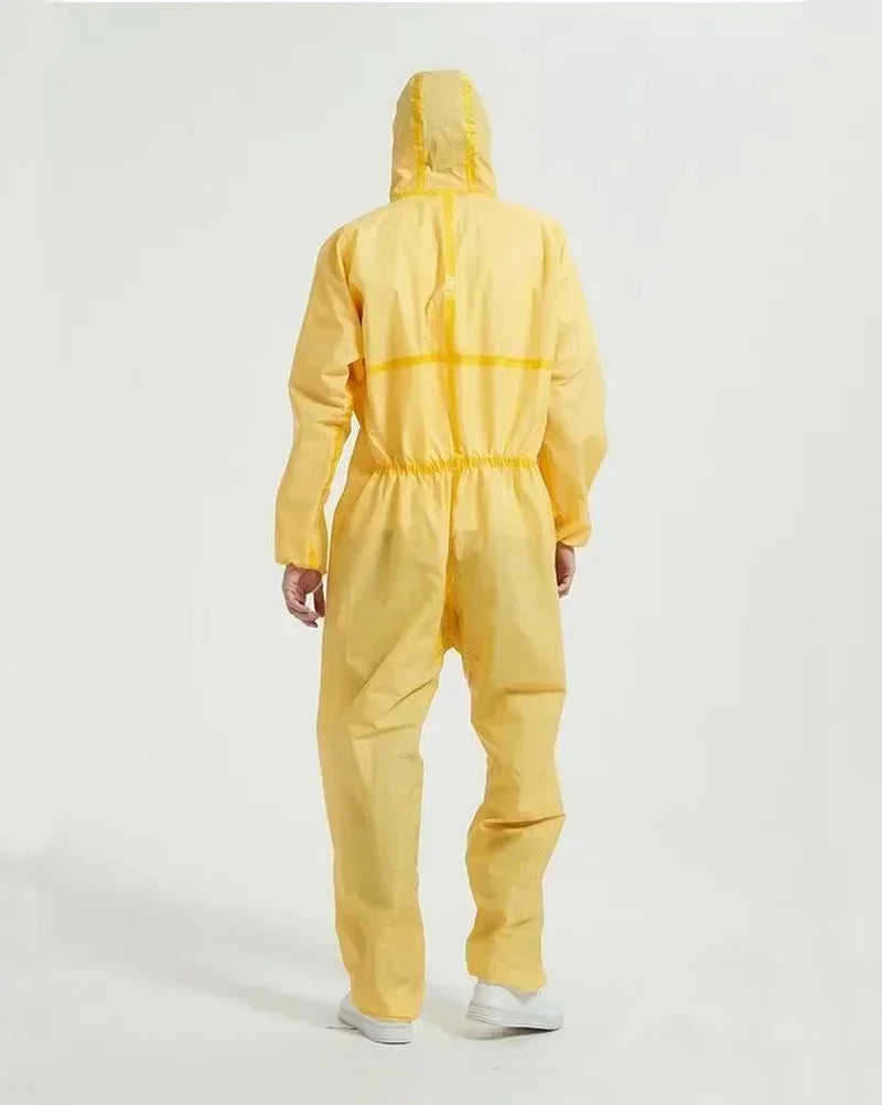 Yellow chemical resistant work coverall, liquid proof protective suit for utility and safety use.
