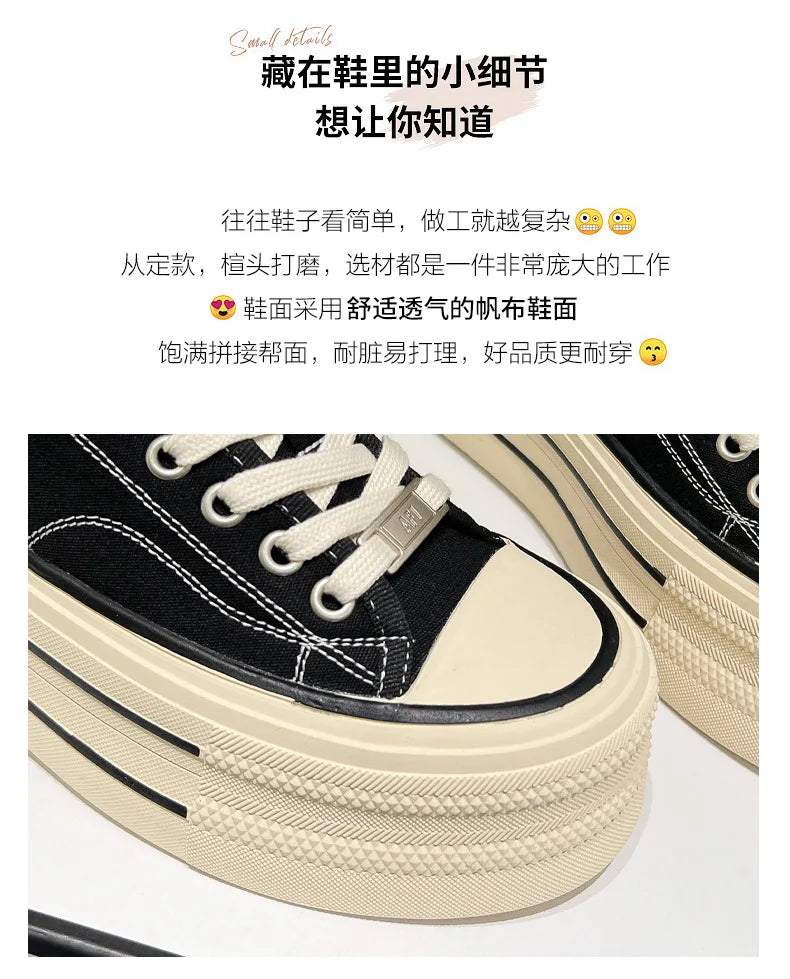 Women Canvas Shoes Black White Platform Sneakers