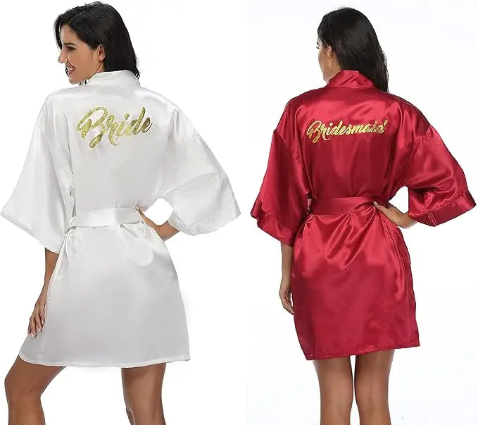 6-piece satin robe set featuring a white 'Bride' robe and a red 'Bridesmaid' robe, perfect for bridal showers.
