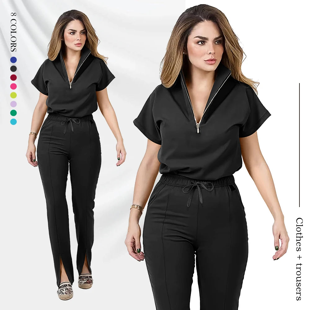 Women's medical scrub set featuring a stylish zipper top and tapered pants available in 8 colors.