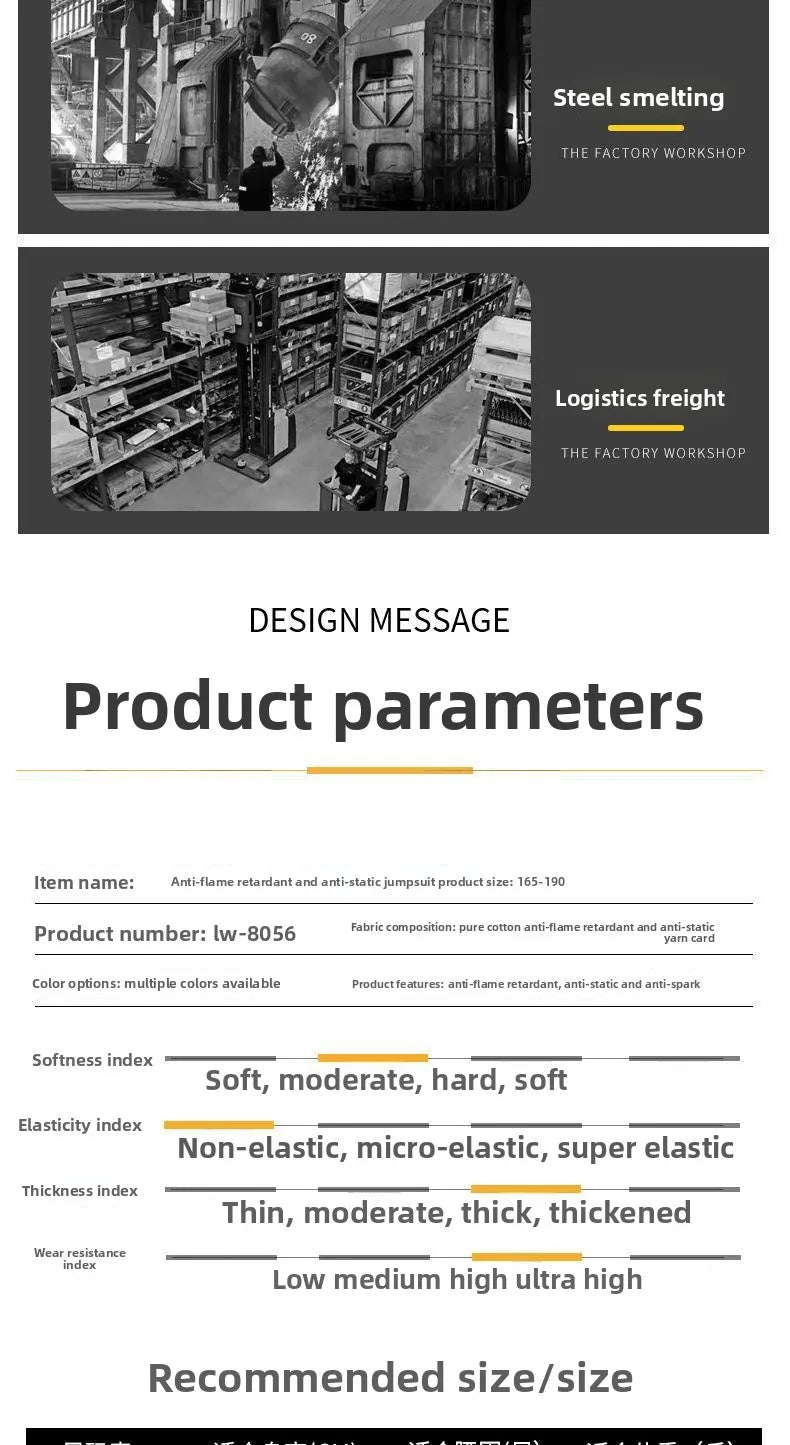 Product parameters for Anti-Static Flame-Resistant Welding Suit, featuring softness, elasticity, and thickness specifications.