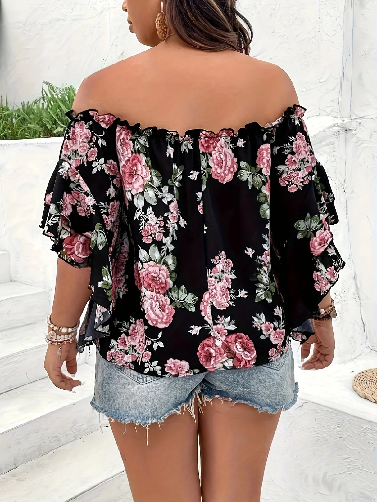 Women Plus Size Floral Off-Shoulder Top