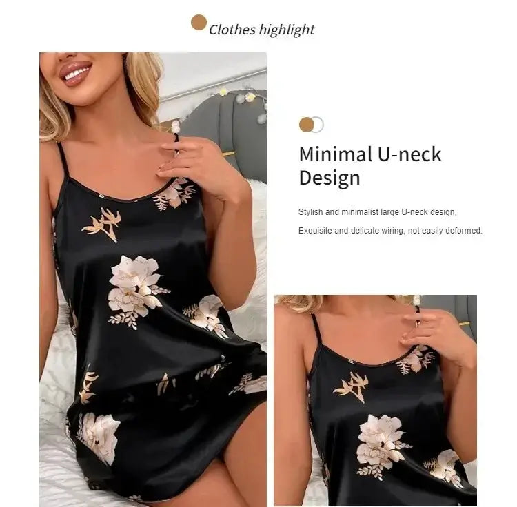 Women Black Floral Nightdress Satin Sleepshirt Casual