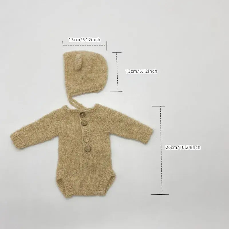 Newborn photo romper set with bear bonnet and toy, solid beige, suitable for 0-1 year old baby photography.