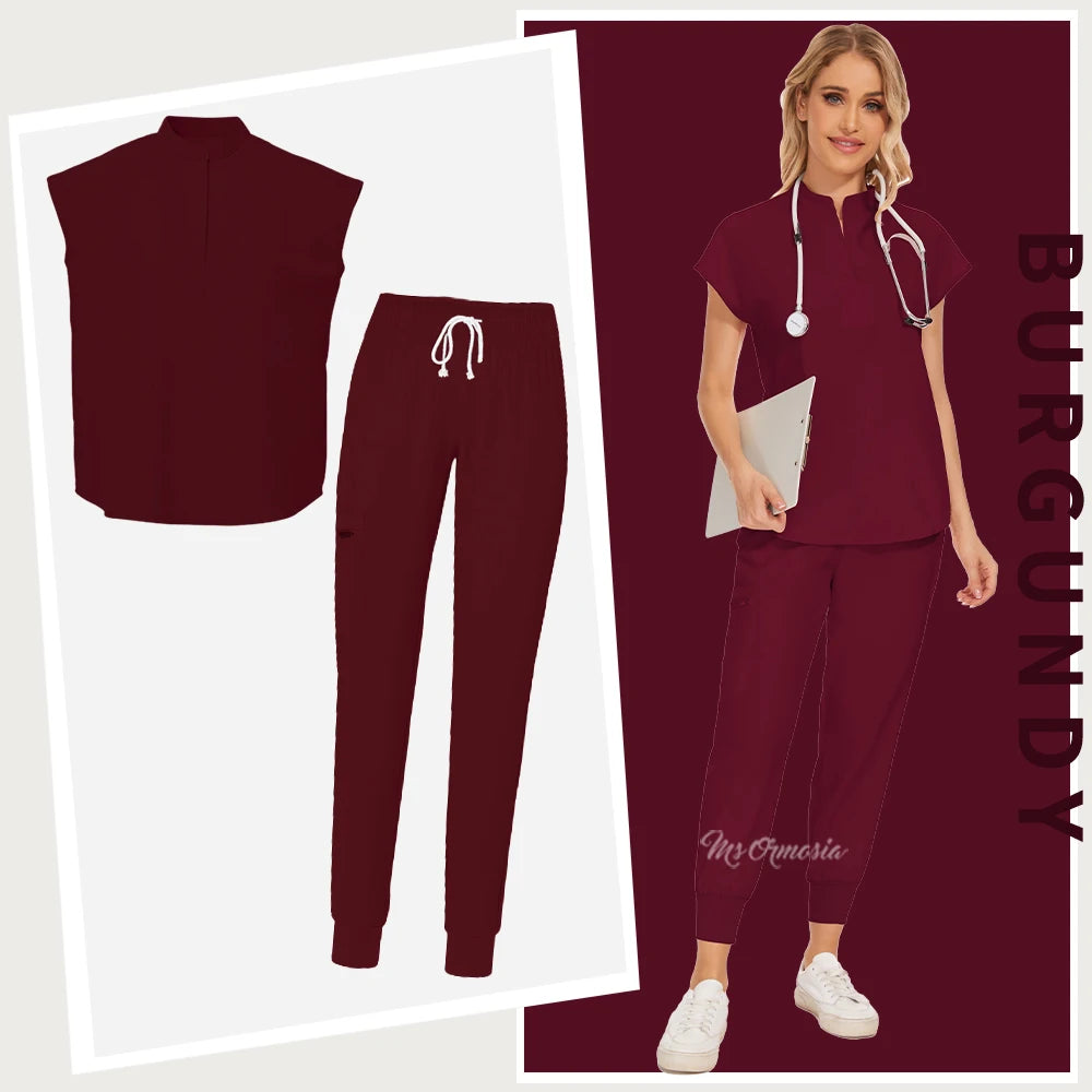 Burgundy women's medical workwear set featuring short sleeve top and jogger pants, ideal for healthcare professionals.