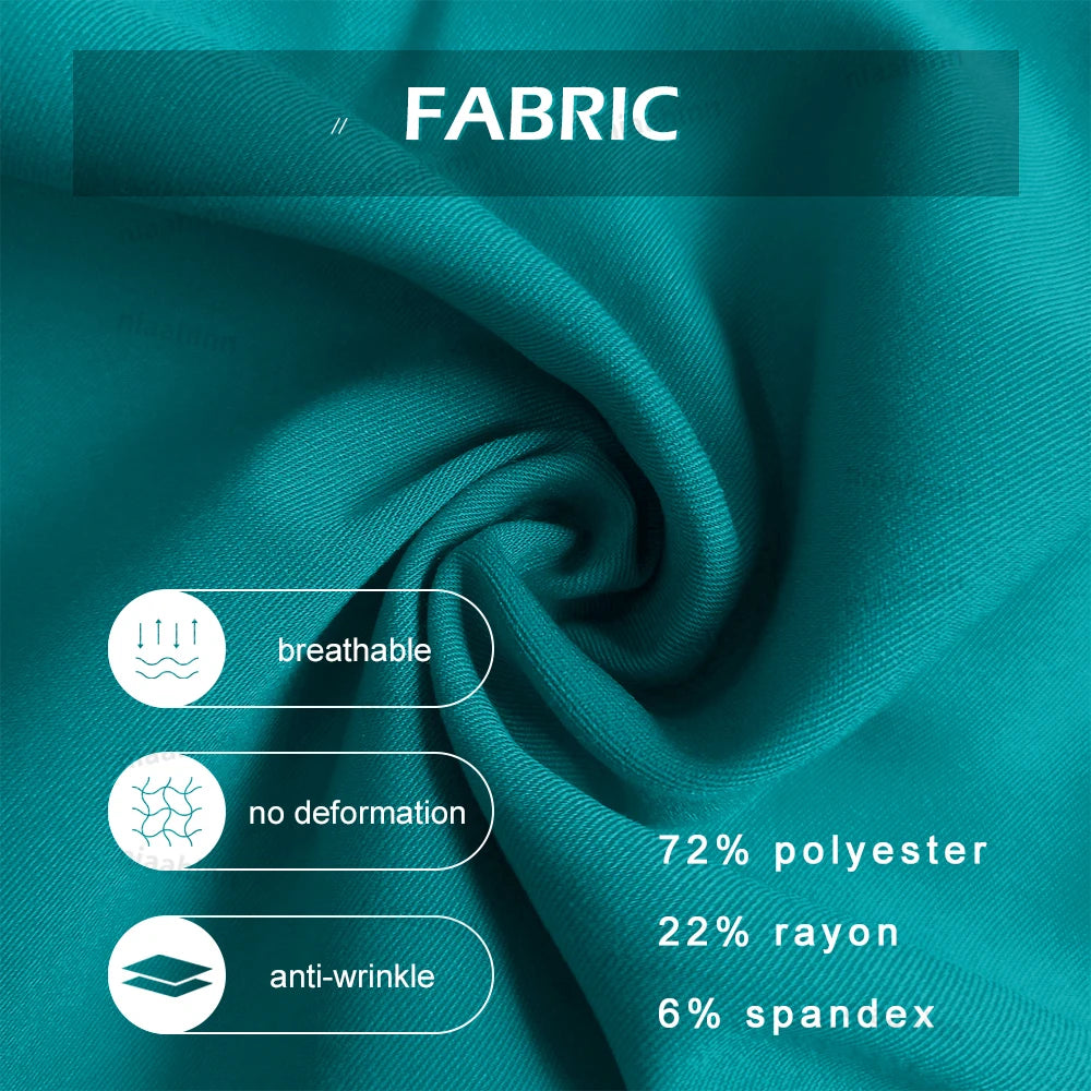 Close-up of fabric showing breathable, anti-wrinkle qualities with 72% polyester, 22% rayon, and 6% spandex composition.