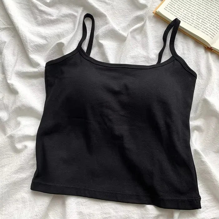 CottoForm™ padded cotton camisole in black, featuring a slim fit and summer sleeveless design on a soft fabric background.
