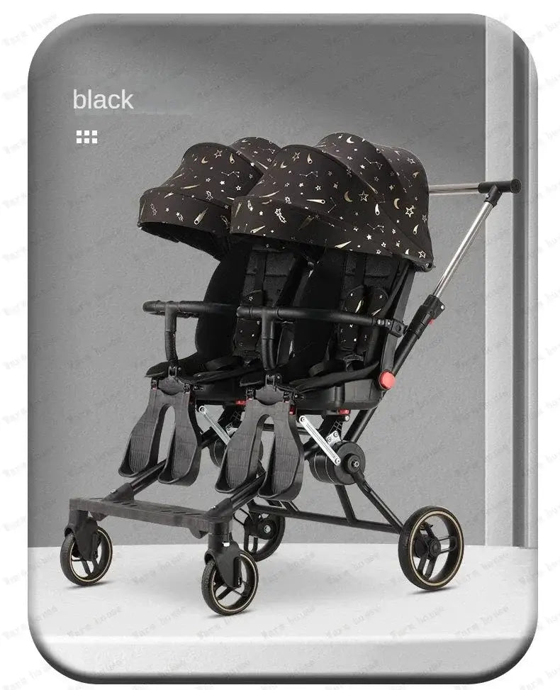Twin stroller for two children in black, featuring recycled fabric hoods and a sturdy steel frame.