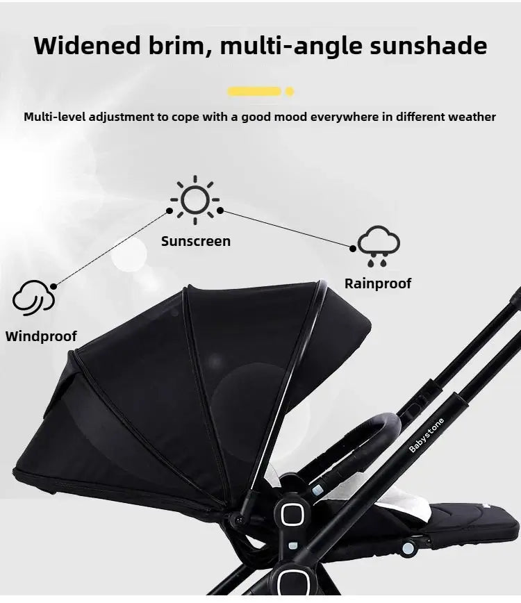Highview Baby Stroller's sunshade features multi-angle adjustment for windproof, sunscreen, and rainproof protection.