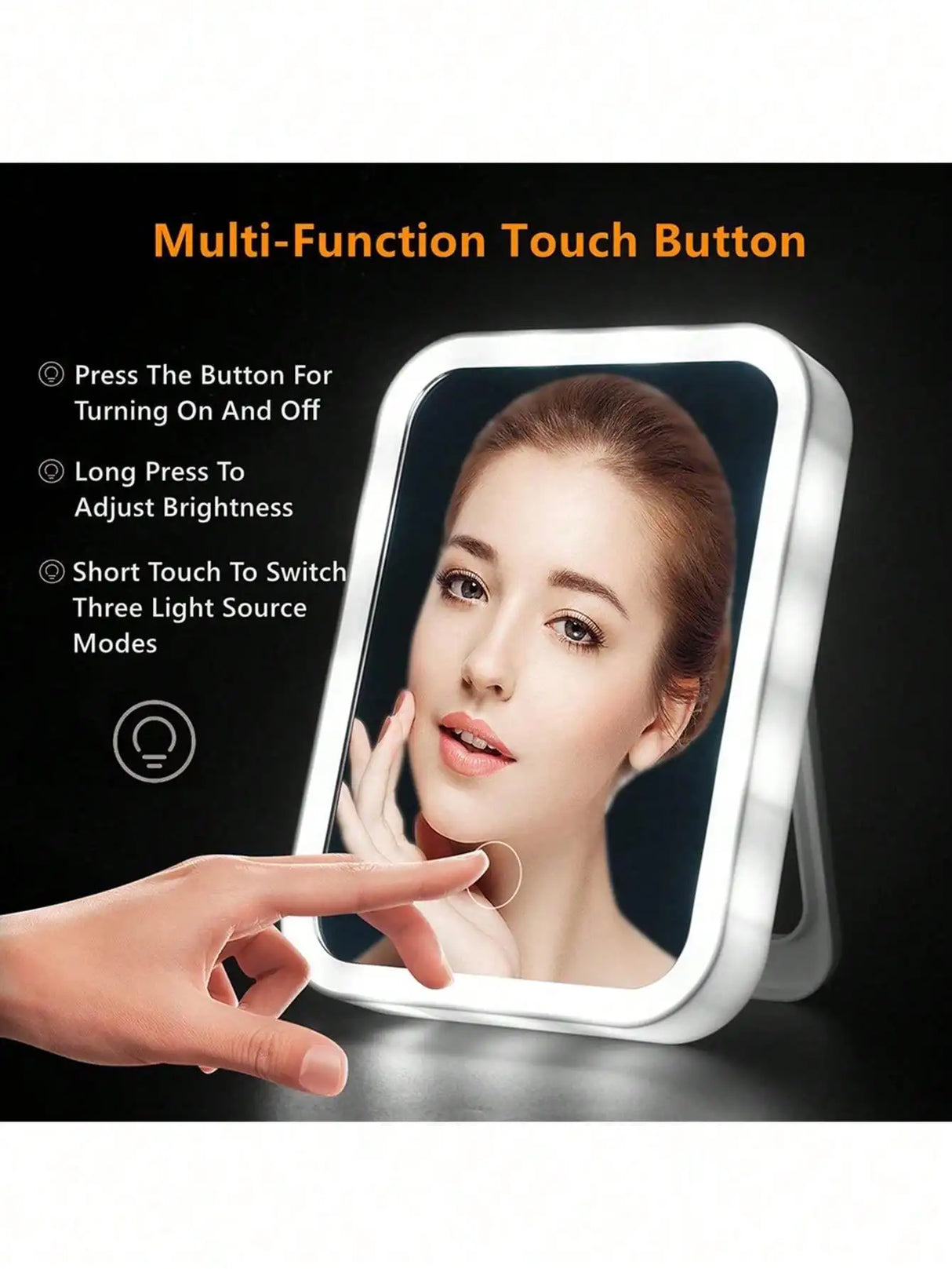 LED makeup mirror featuring multi-function touch buttons for adjusting brightness and switching light modes.