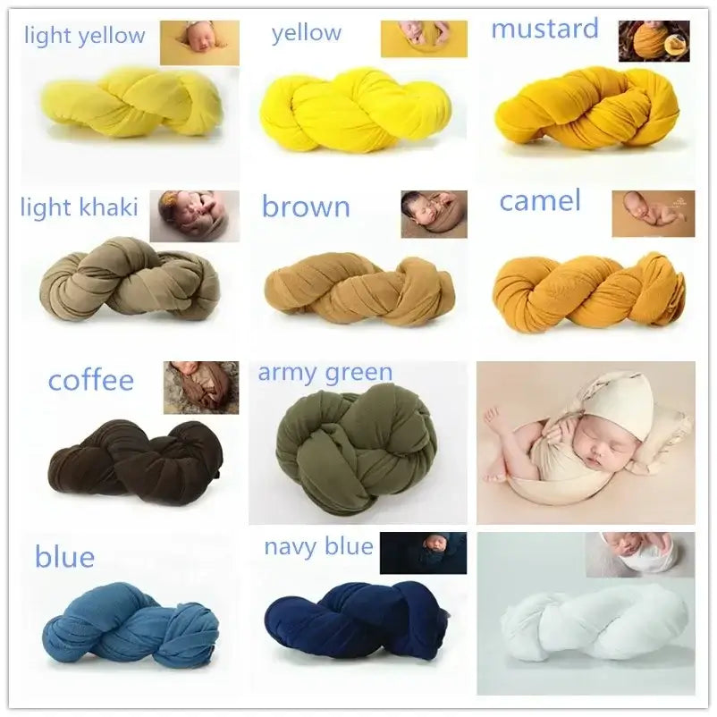 Colorful collection of baby blanket backdrops in various shades including yellow, green, brown, and blue, ideal for photo shoots.