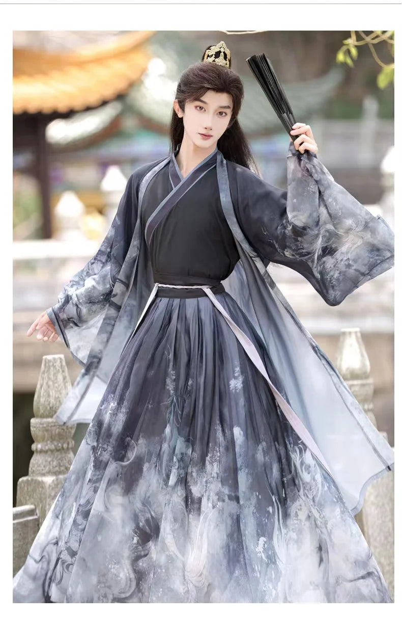 Men's Martial Arts Hanfu featuring a cross collar design in black and gray traditional Chinese style, perfect for martial arts training.