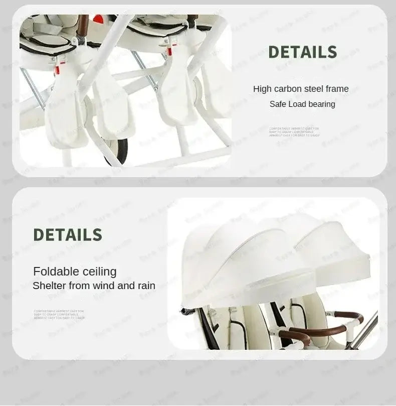 Details of twin stroller showing high carbon steel frame and foldable ceiling for protection from elements.