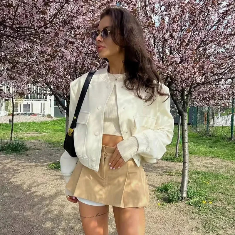 White Cropped Women's Bomber Jacket – Baseball Aviator Coat
