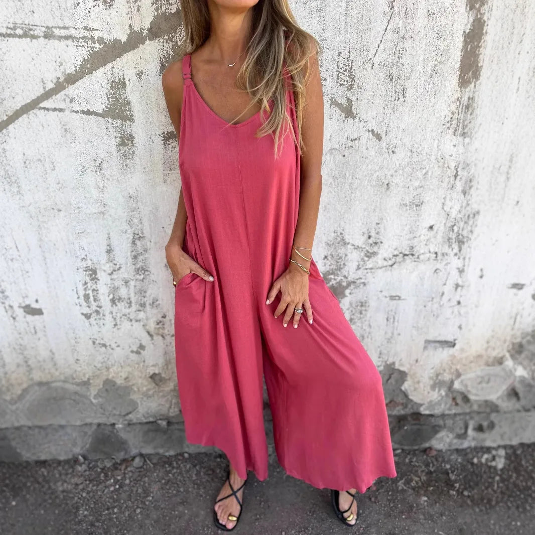ZenFit™ – V-Neck Wide Leg Sleeveless Jumpsuit (Minimal, Cool & Flexible)