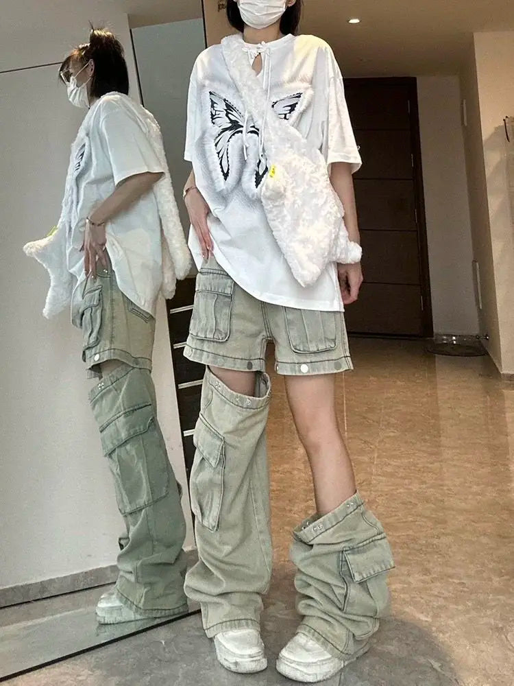 StreetMode™ – Detachable Wide Leg Jeans (Y2K Multi-Pocket Retro Style)