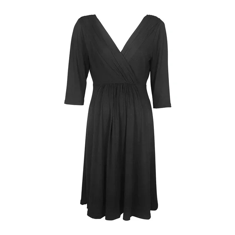 Black V-neck summer maternity dress, knee-length, perfect for breastfeeding, made from comfortable cotton blend.
