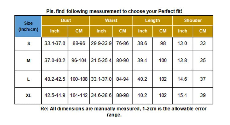 Sizing chart for women's clothing showing bust, waist, length, and shoulder measurements for different sizes.