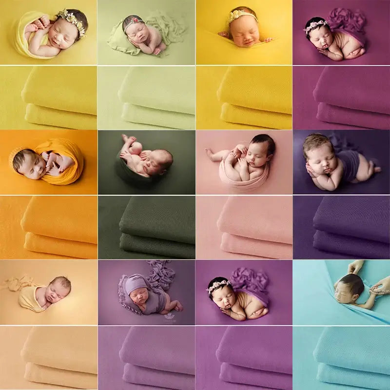 A collage of newborns wrapped in colorful soft blankets, showcasing various colors and textures for baby photography.