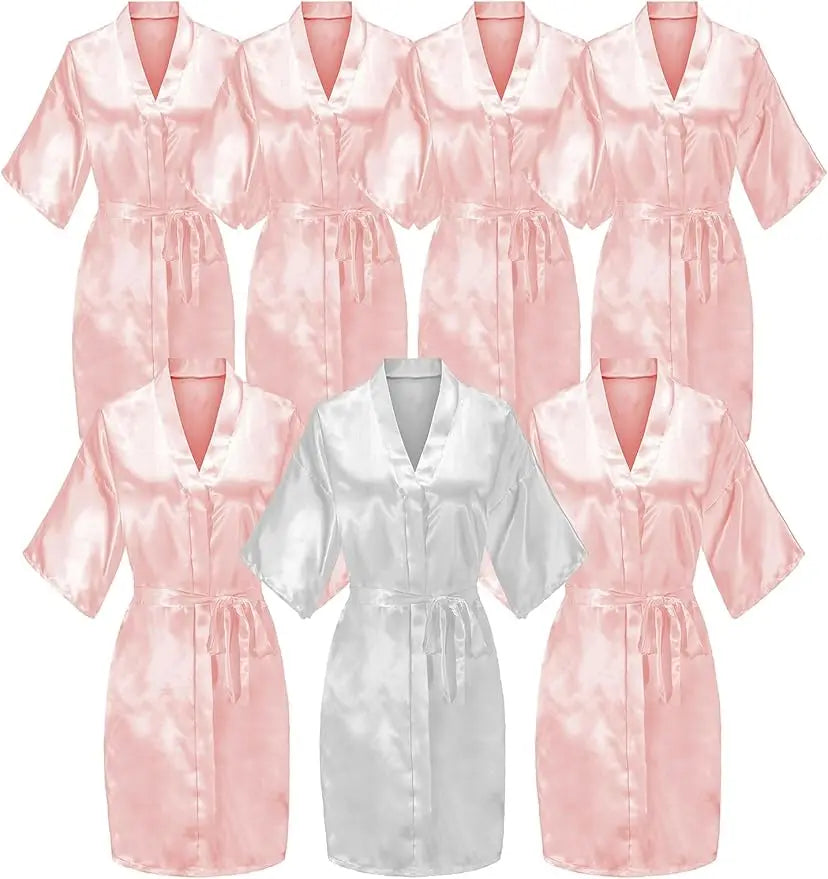 7-piece satin bride robe set in pink and white, perfect for bridal parties and summer events.