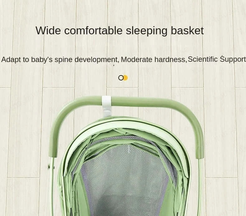 Wide comfortable sleeping basket in a baby stroller, designed for spine development and moderate support.