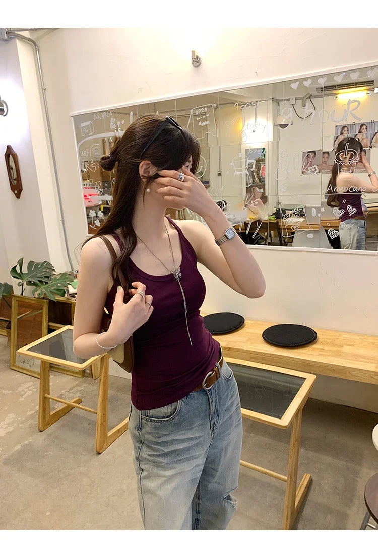 Basic Ribbed O-Neck Camisole Tank Top