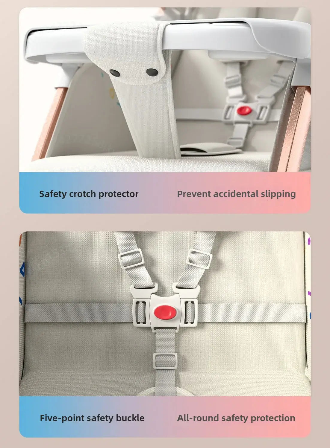 Close-up of baby stroller safety features displaying safety crotch protector and five-point safety buckle for secure riding.