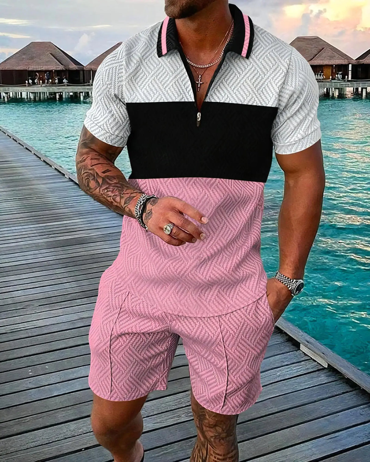 Men 3D Print Polo Shorts Set
