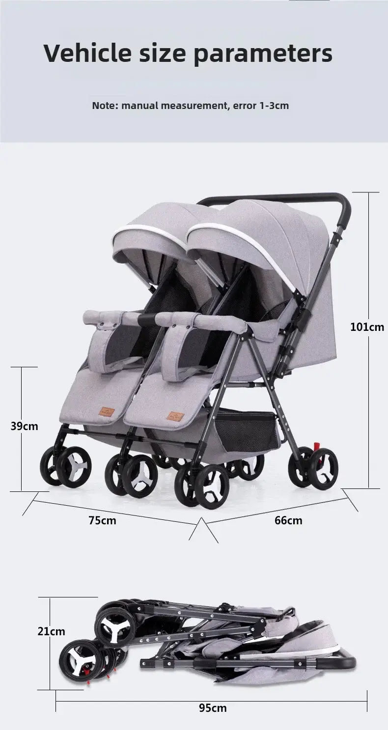 Twin baby stroller size dimensions with foldable feature, designed for ages 0-3 years, showcasing compact design and usability.
