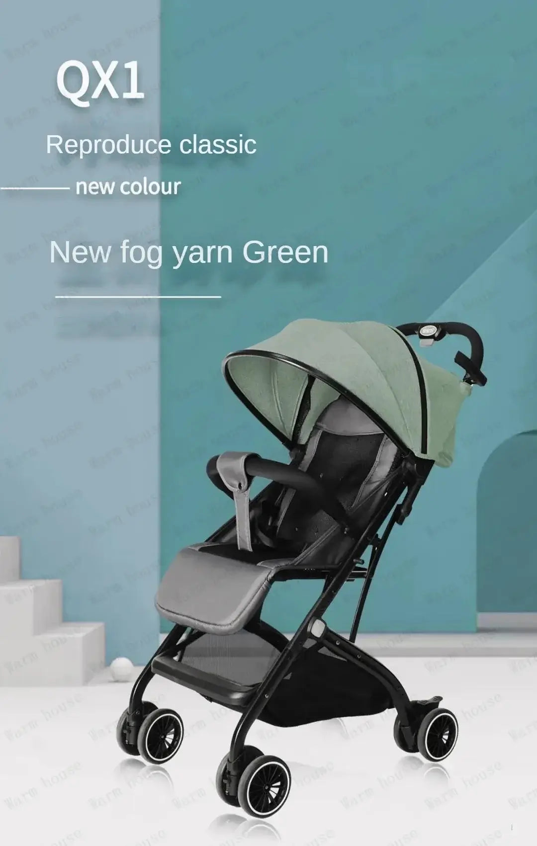 Portable foldable baby stroller in new fog yarn green color, perfect for ages 0-3 years.