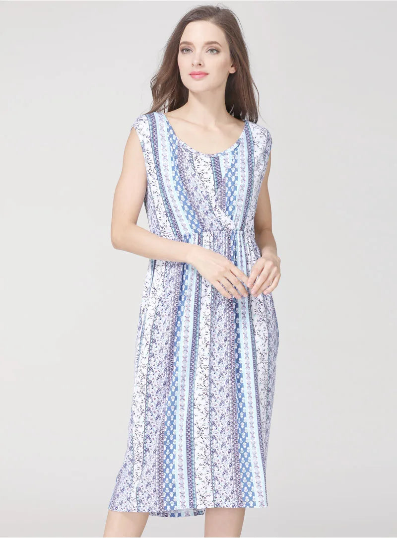 Round neck sleeveless cotton nursing dress in striped pattern, knee-length design for summer maternity wear.