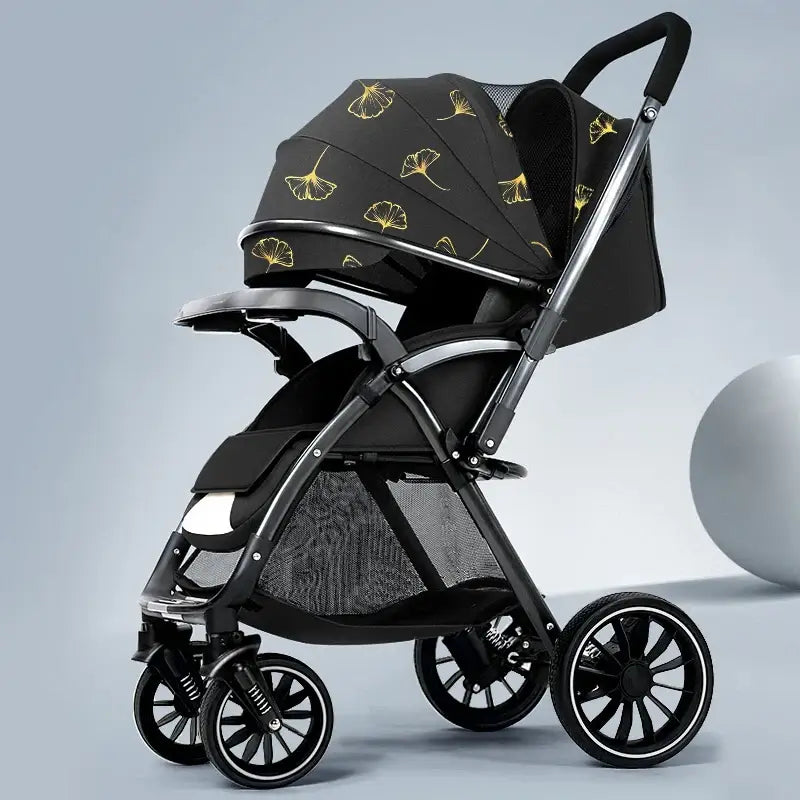Bi-directional high landscape baby stroller with black and yellow floral design, lightweight and foldable for infants.