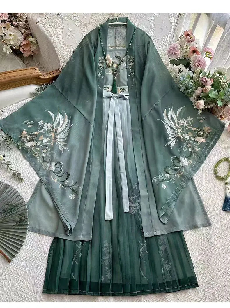 Song Dynasty Hanfu Set in green chiffon, featuring floral prints and elegant long sleeves, ideal for feminine styles.