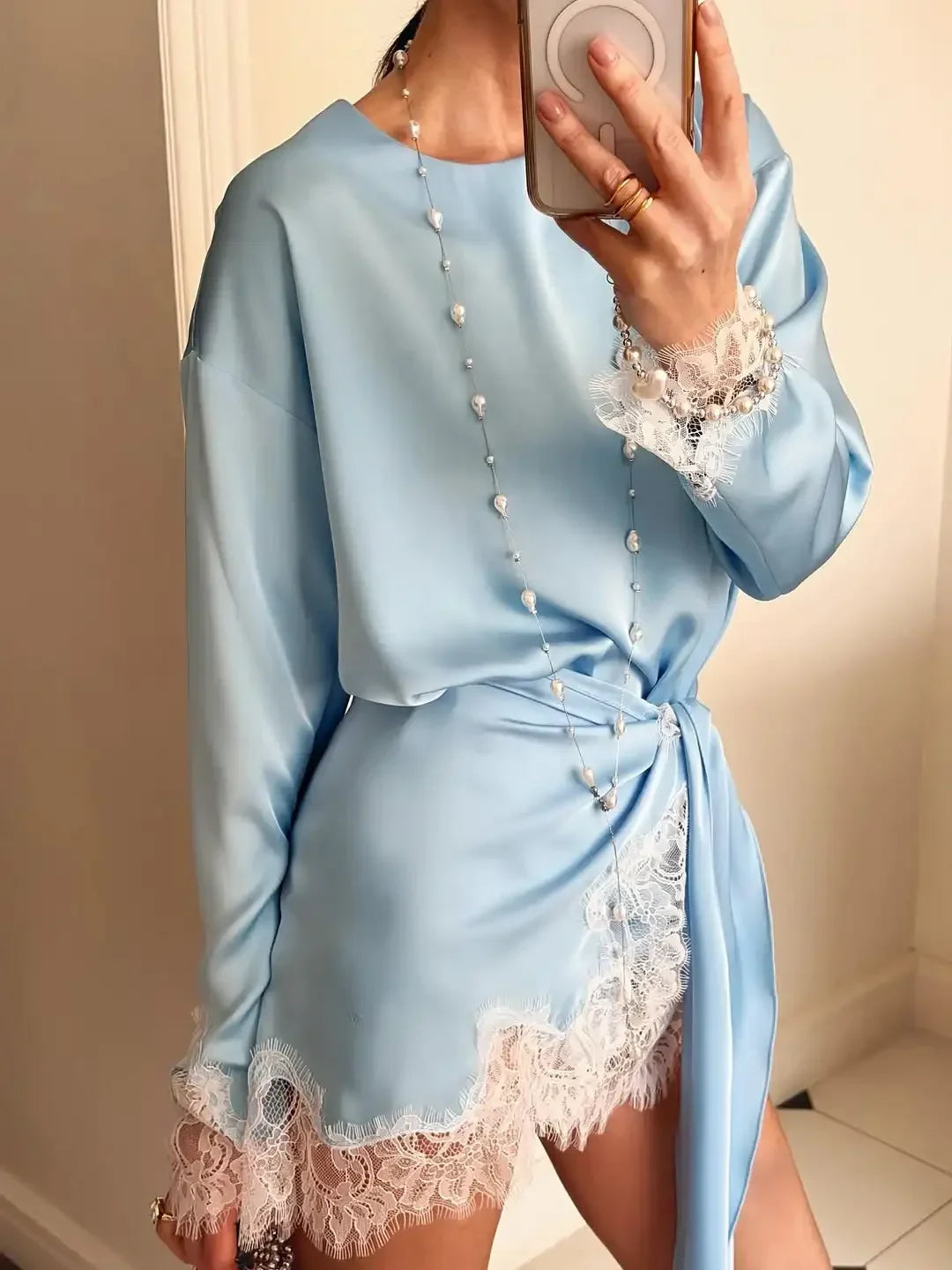 Elegant Satin Lace Midi Dress