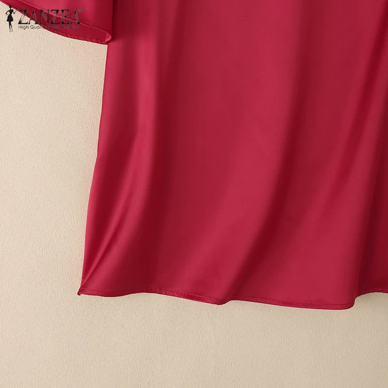 بلوزة نسائية من الساتان بأكمام قصيرة للمكتب