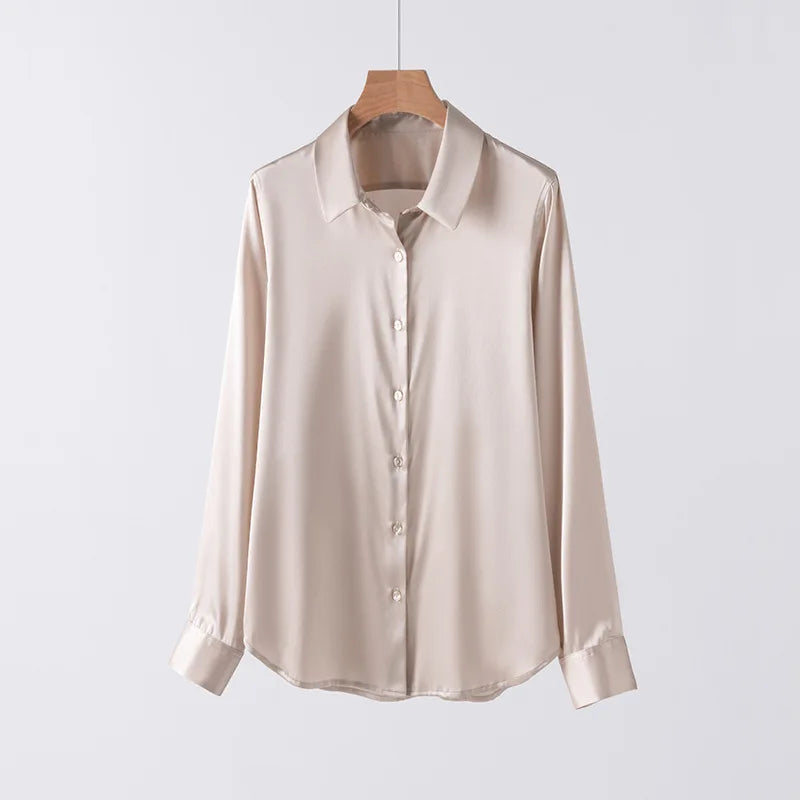 SatinGrace™ long sleeve silk shirt in beige, featuring a V-neck and single-breasted closure, made from luxurious Mulberry silk.