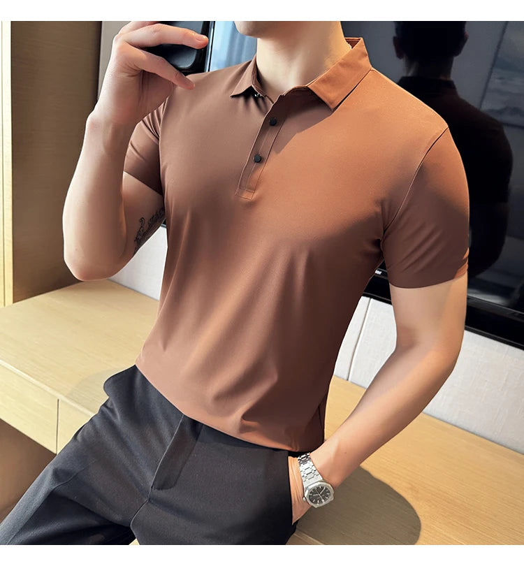 Men Ice Silk Polo Shirt Brown Top