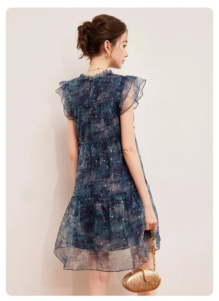 Women’s LOUIS YAO Sparkling Dress featuring a flounced edge design, above-knee length, and patchwork pattern.