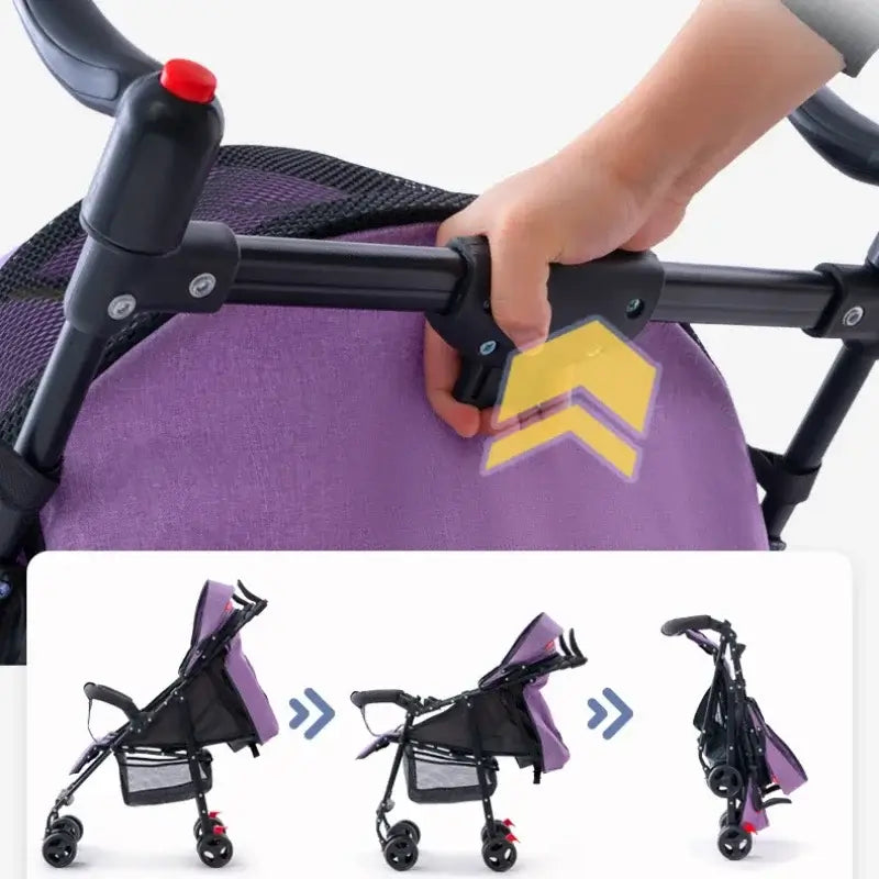 User demonstrating the folding mechanism of a purple baby stroller ideal for infants and toddlers.