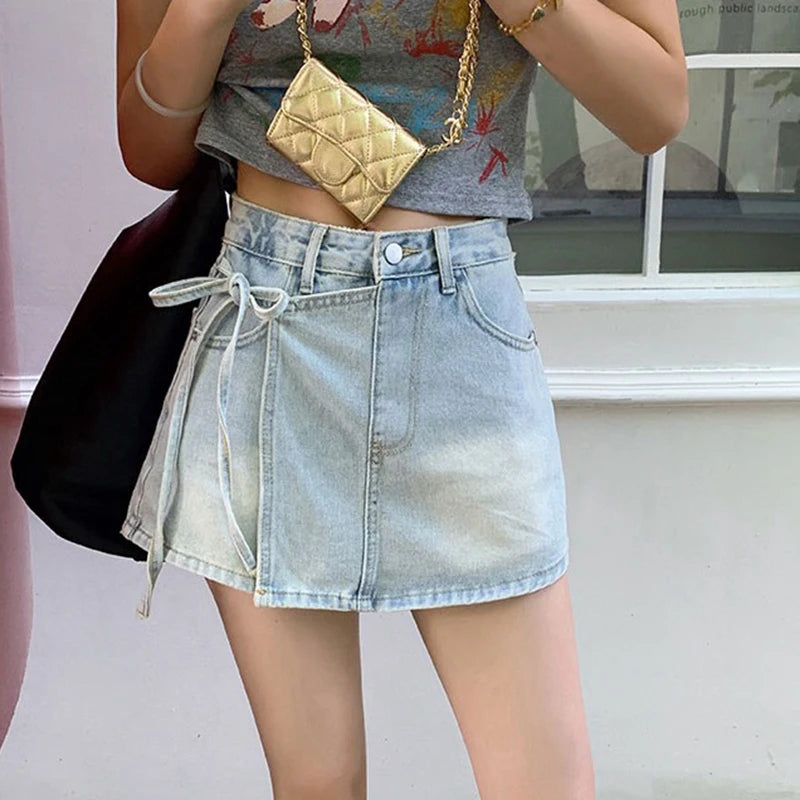 LaceUpMini™ – Irregular Korean Skirt (2025 Lace-Up Denim A-line Style)