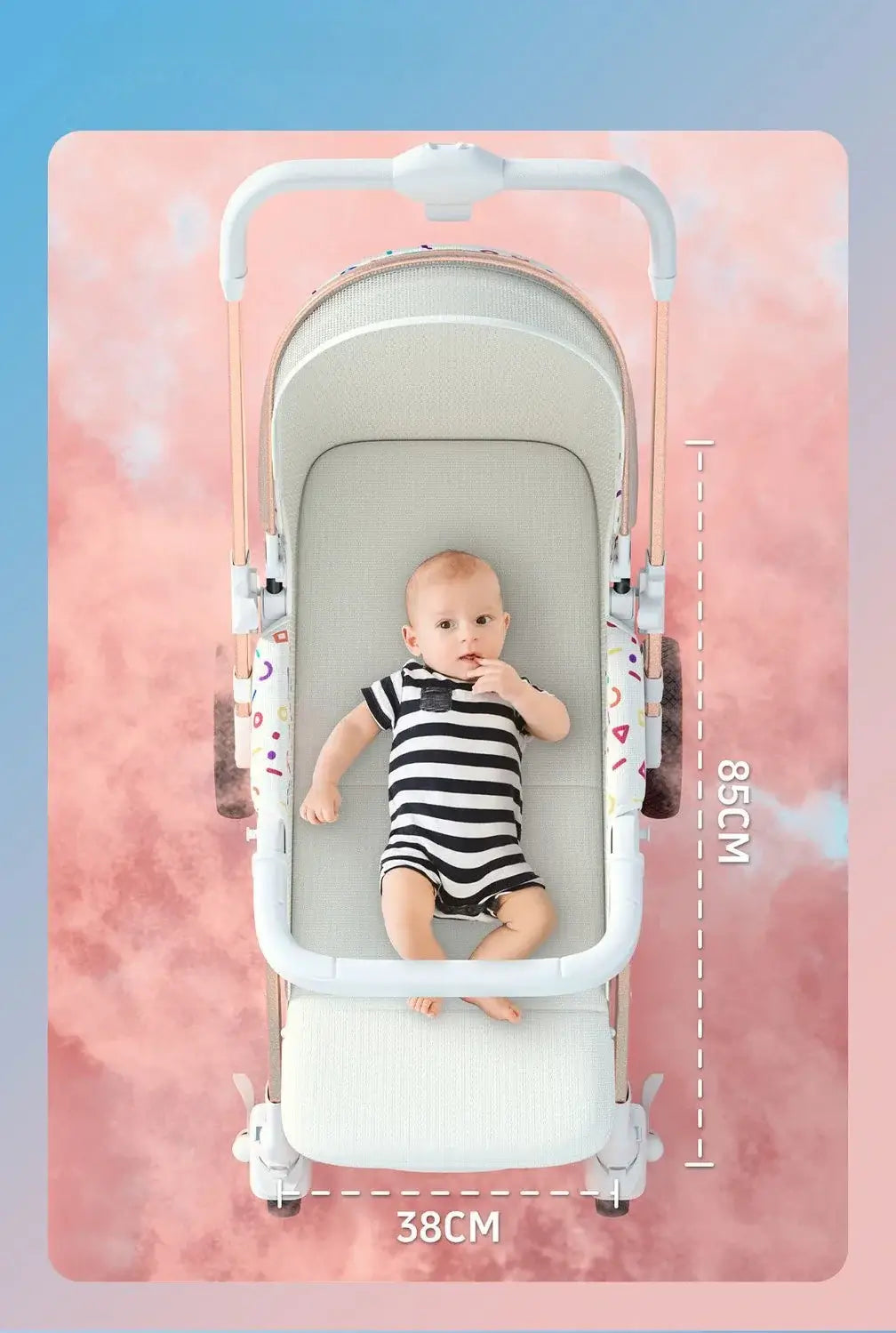 Lightweight baby stroller with dimensions, featuring a baby in a striped onesie, ideal for ages 0-6 years.