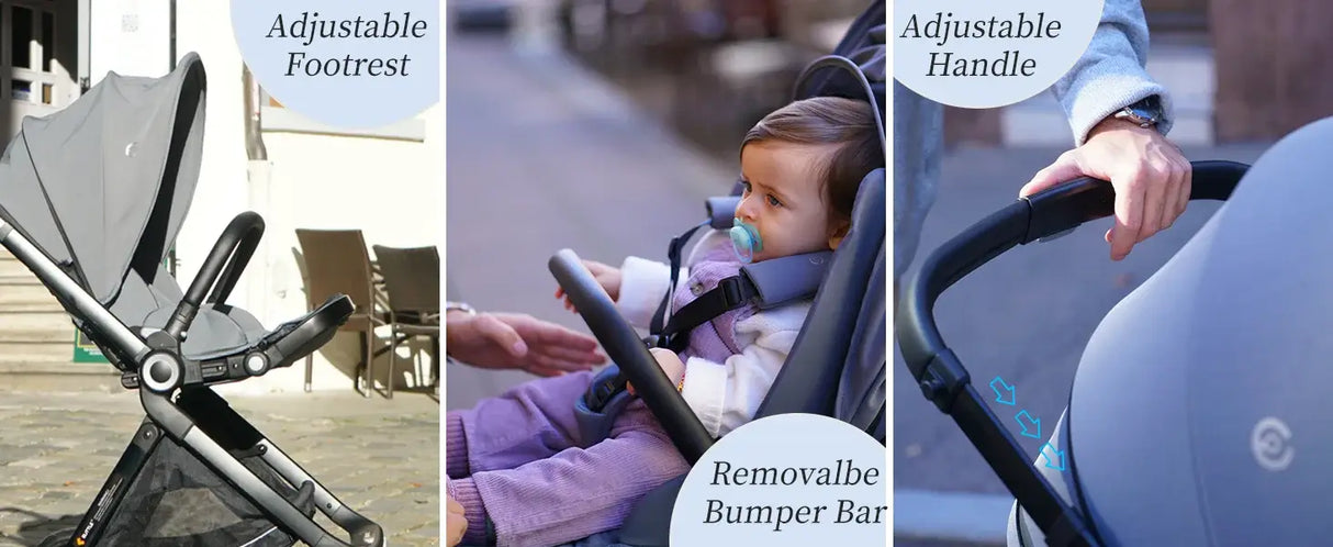 Features of EMU Reversible Baby Stroller: adjustable footrest, handle, and removable bumper bar for comfort and convenience.
